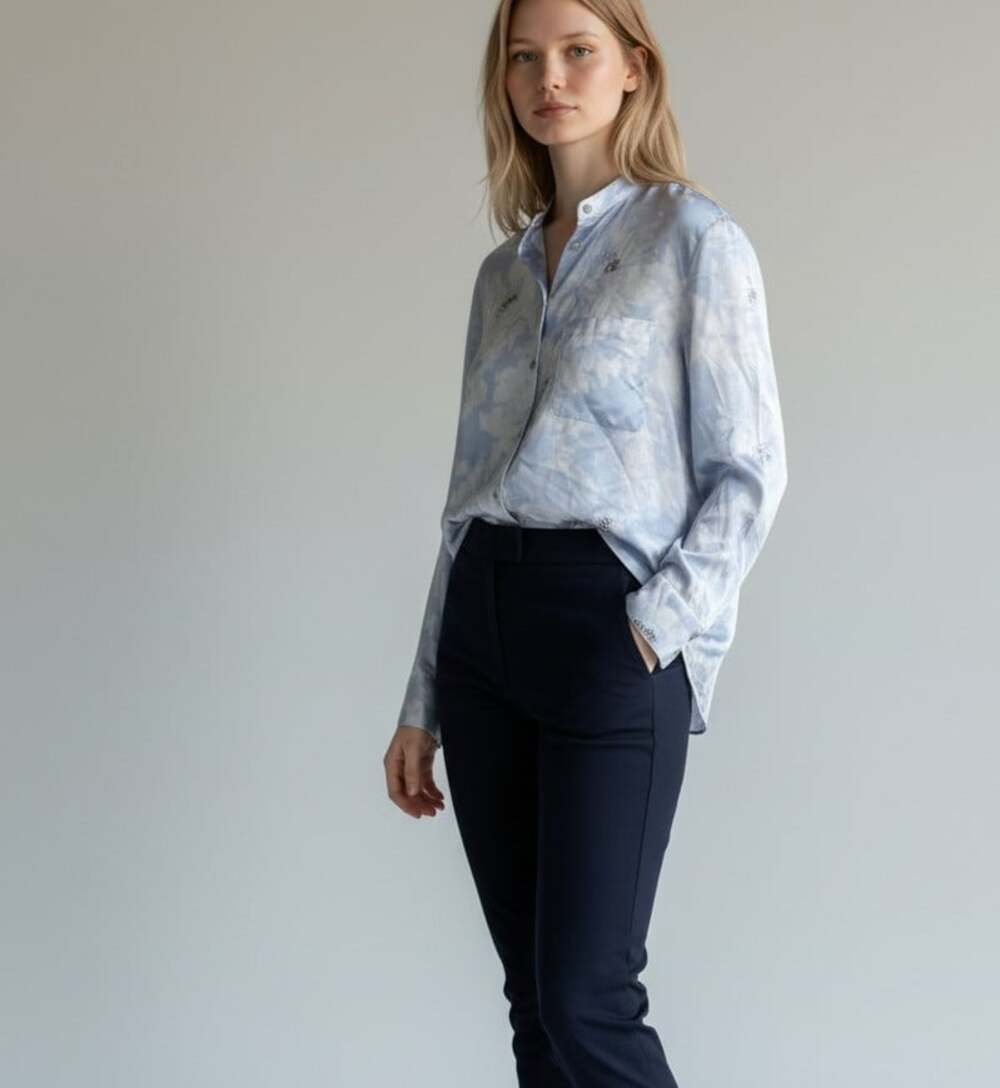 Vince Painted Magnolia Band Collar Blouse Size Medium Blue Floral Button Up
